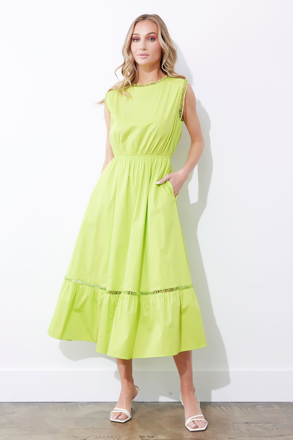 Lime Punch Ladder Trim Detail Poplin Dress