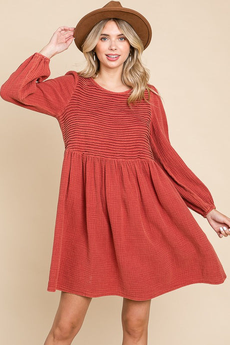 Dk Rust Front Pintuck Cotton Midi Dress