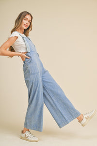 Crayon Blue Washed Wide Leg Overalls