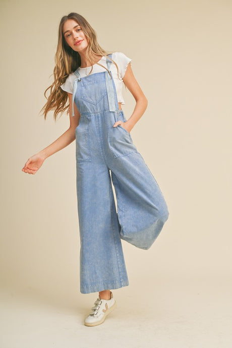 Crayon Blue Washed Wide Leg Overalls