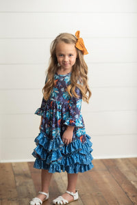 Blue Kids 3 Ruffle Teal Poka Dot Long Sleeve Dress