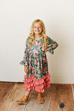 Green Kids 3 Ruffle Sage & Floral Long Sleeve Fall Dress