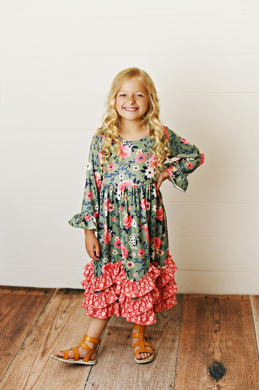 Green Kids 3 Ruffle Sage & Floral Long Sleeve Fall Dress
