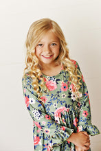 Green Kids 3 Ruffle Sage & Floral Long Sleeve Fall Dress