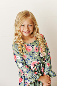 Green Kids 3 Ruffle Sage & Floral Long Sleeve Fall Dress
