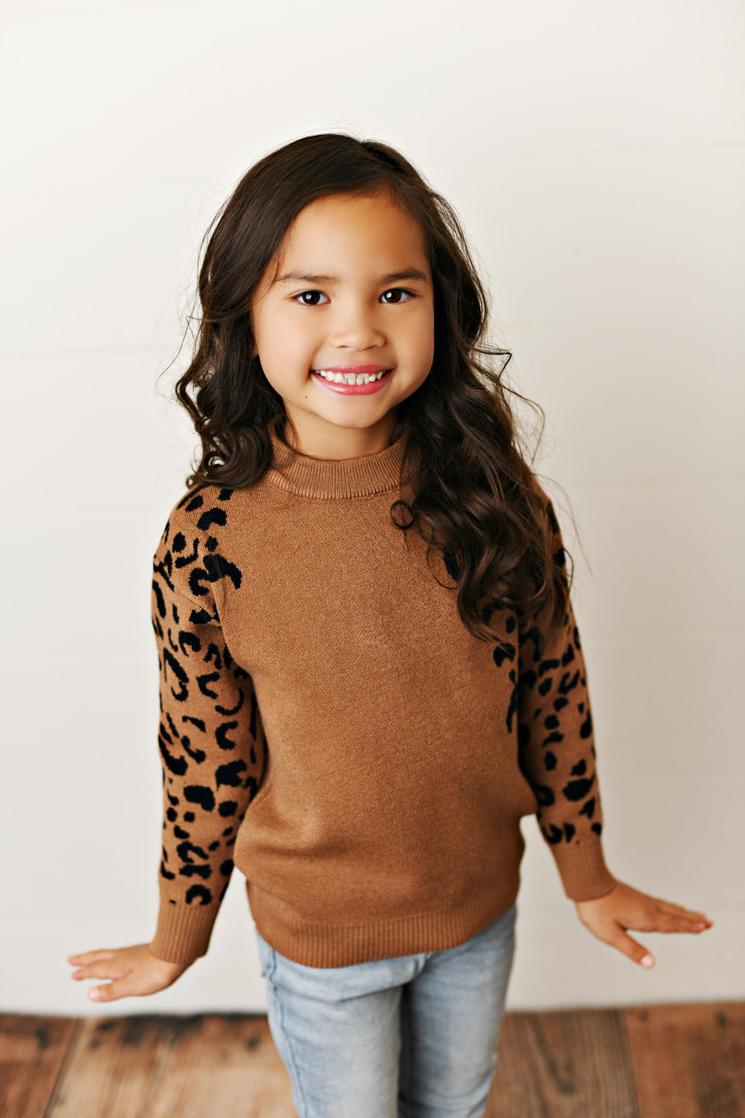 Brown Kids Brown Leopard Print Crew Neck Fall Sweater