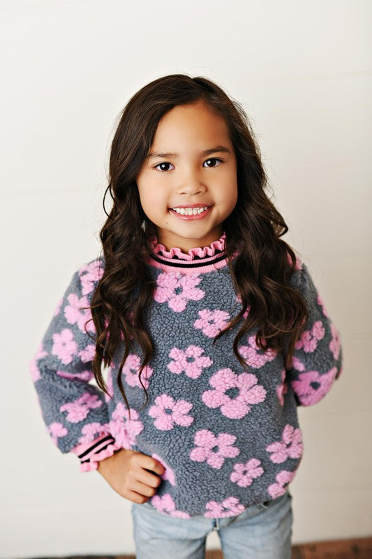 Kids Pink Daisy Scalloped Neck Fall Winter Sweater