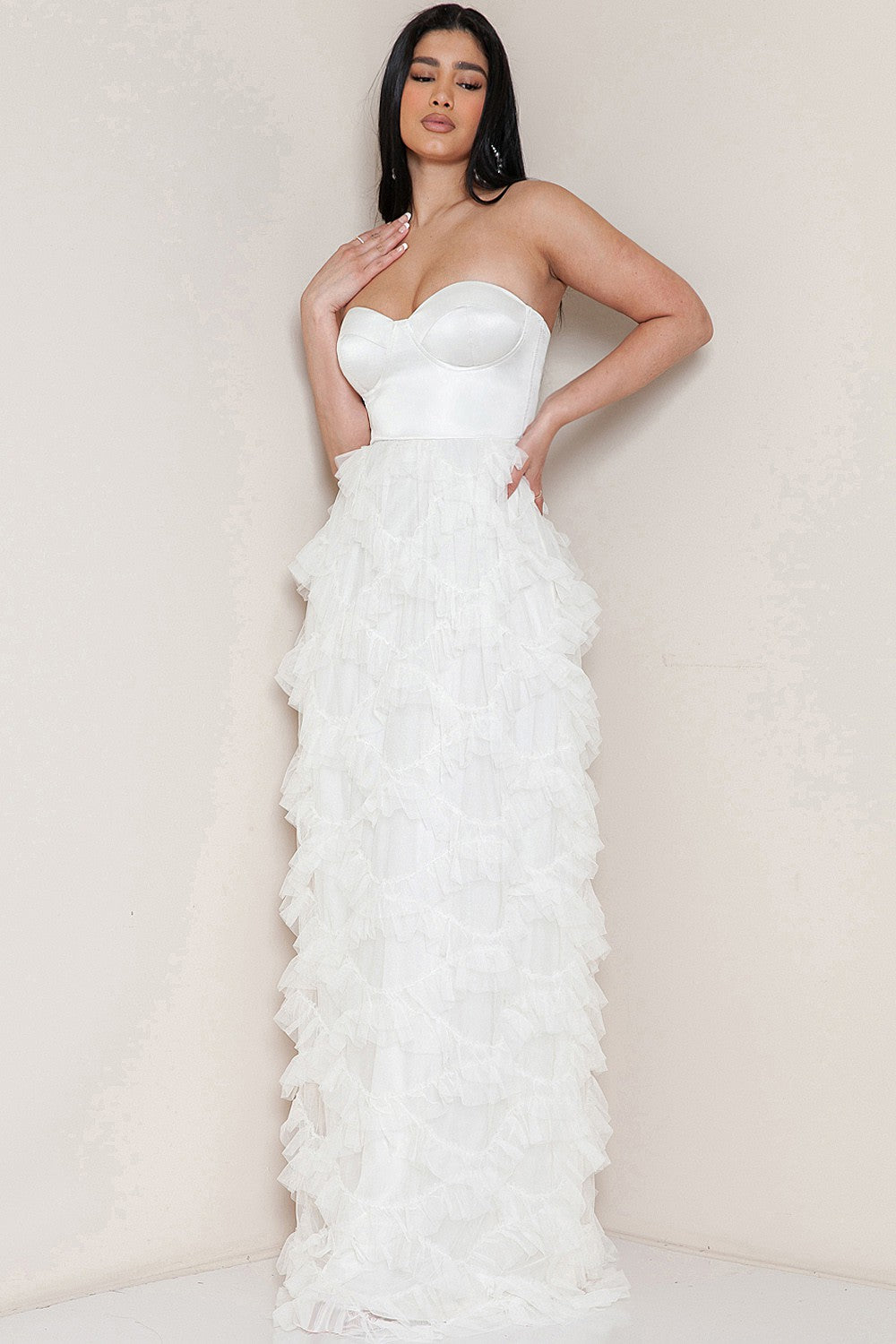 Cream Tulle Ruffle Layered Maxi Dress With Waist Tie – Aquarius Brand Cream Tulle Ruffle Layered Maxi Dress With Waist Tie – Aquarius Brand