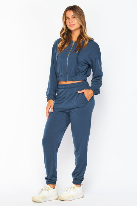 Dusty Navy French Terry Cropped Zip-up Hoodie Jogger Set
