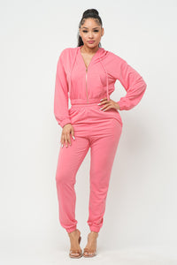 Rose Pink French Terry Cropped Zip-up Hoodie Jogger Set