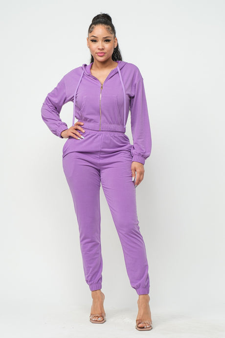 Dark Violet French Terry Cropped Zip-up Hoodie Jogger Set