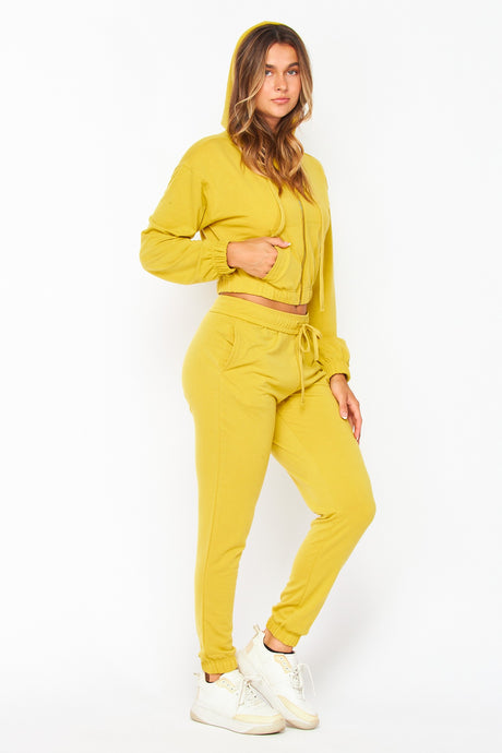 Lemon Ginger French Terry Cropped Zip-up Hoodie Jogger Set