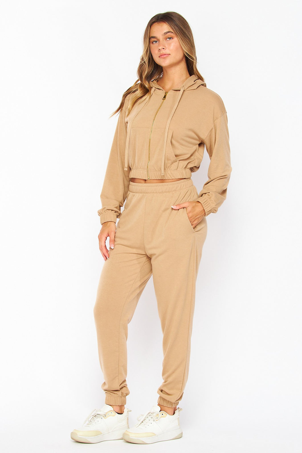 Khaki French Terry Cropped Zip-up Hoodie Jogger Set