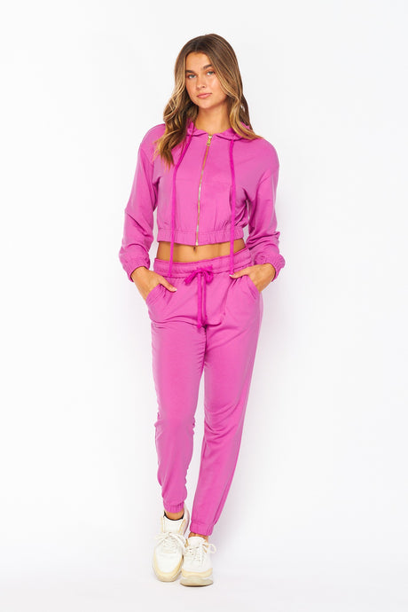 Magenta French Terry Cropped Zip-up Hoodie Jogger Set