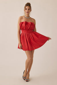 Red Off Shoulder Pleated Romantic Pu Mini Dress