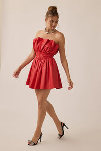 Red Off Shoulder Pleated Romantic Pu Mini Dress