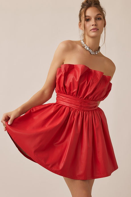 Red Off Shoulder Pleated Romantic Pu Mini Dress