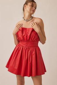 Red Off Shoulder Pleated Romantic Pu Mini Dress