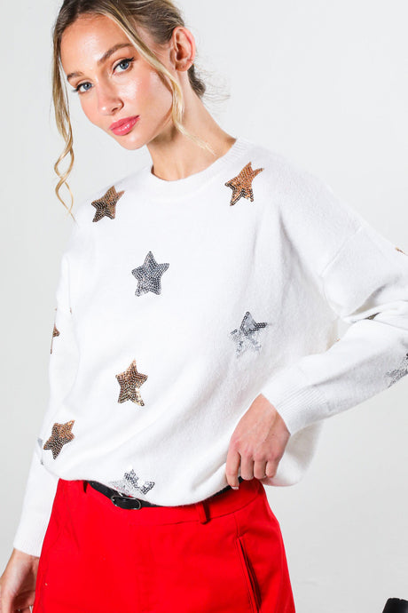 Off White Star Sequin Detail Sweater Top