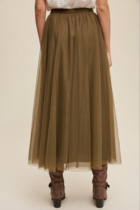 Olive Elastic Waist Maxi Tulle Skirt