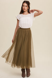 Olive Elastic Waist Maxi Tulle Skirt