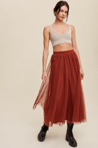 Rust Elastic Waist Maxi Tulle Skirt