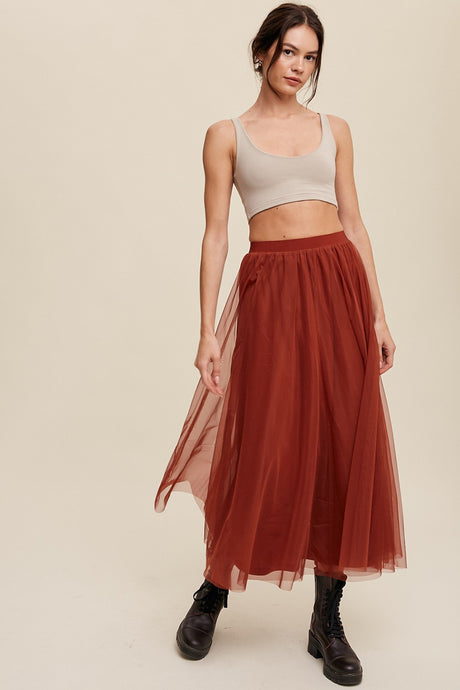 Rust Elastic Waist Maxi Tulle Skirt