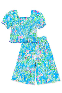 Blue/Green Sea Floral Girl's 2 Pc Gaucho Flare Pant Set W/ Smocking & Puff Sleeve