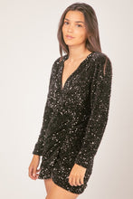 Black Sequin Glitter Holiday Party Wrap Mini Dress
