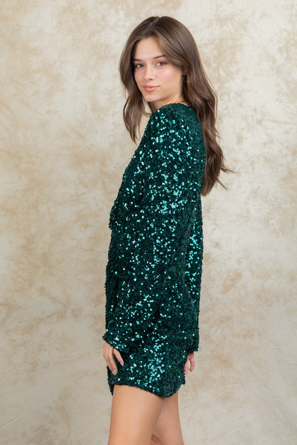 Green Sequin Glitter Holiday Party Wrap Mini Dress Aquarius Brand Green Sequin Glitter Holiday Party Wrap Mini Dress Aquarius Brand