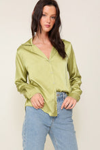 Lime Satin Collared Button Down Blouse