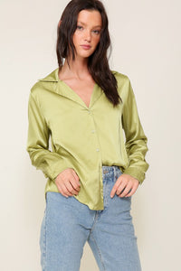 Lime Satin Collared Button Down Blouse