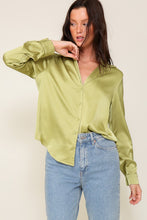 Lime Satin Collared Button Down Blouse
