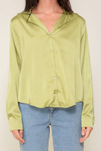 Lime Satin Collared Button Down Blouse