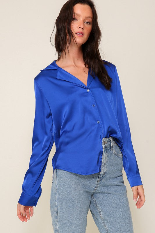 Royal Satin Collared Button Down Blouse