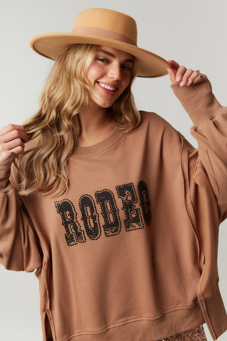 Mocha French Terry Loose Fit Top With Rodeo Print