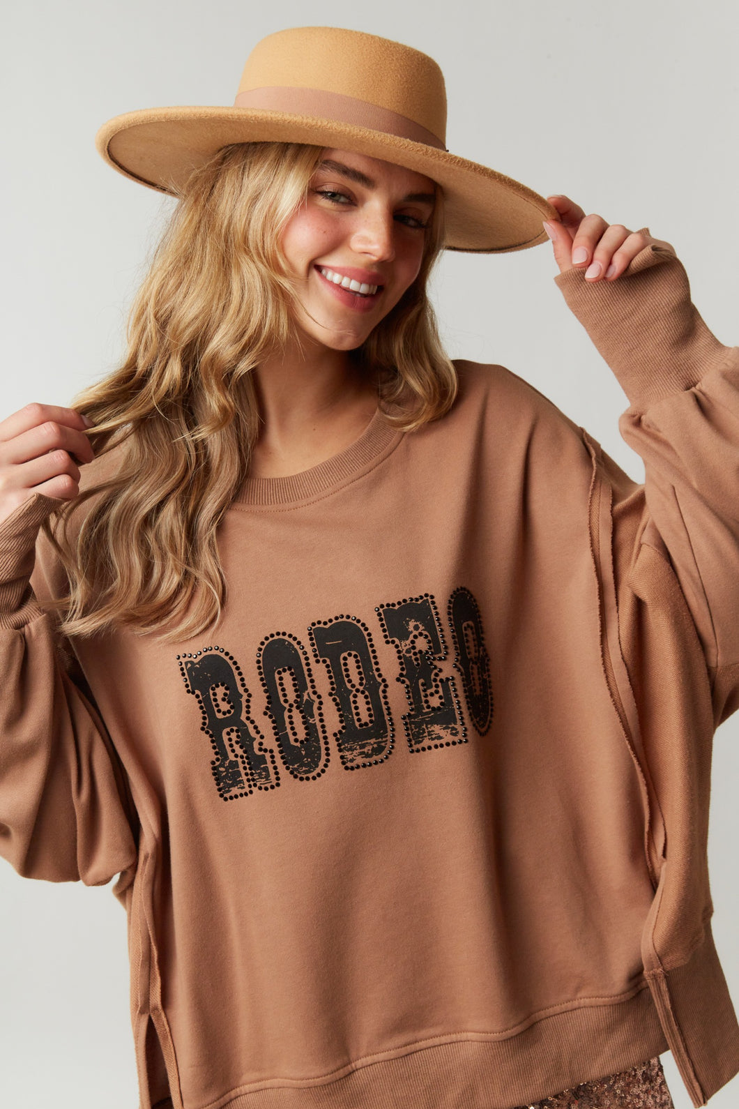 Mocha French Terry Loose Fit Top With Rodeo Print