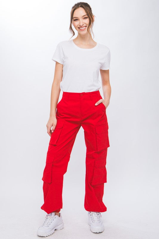 Red Tango Cargo Pants With Button Closure & Multiple Pockets