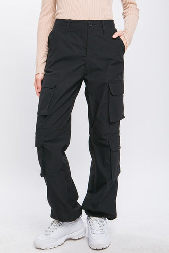 Black Cargo Pants With Button Closure & Multiple Pockets