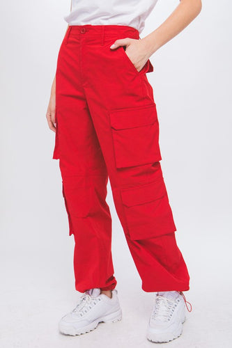 Red Tango Cargo Pants With Button Closure & Multiple Pockets