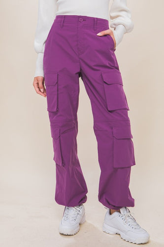 Violet Cargo Pants With Button Closure & Multiple Pockets