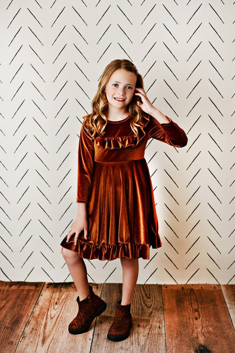 Kids Rust Velvet Ruffle Fancy Winter Holiday Dress