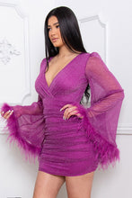 Purple Glittered Sheer Bell Sleeve Mini Dress