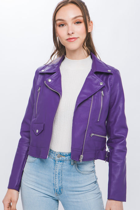 Purple PU Moto Faux Leather Jacket