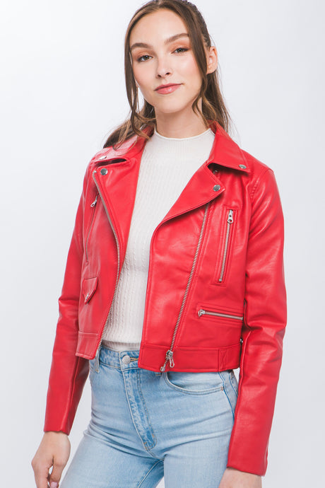 Red PU Moto Faux Leather Jacket