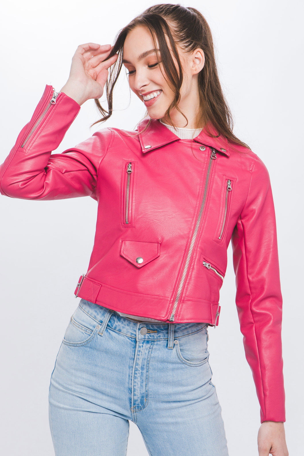 Fuchsia PU Moto Faux Leather Jacket