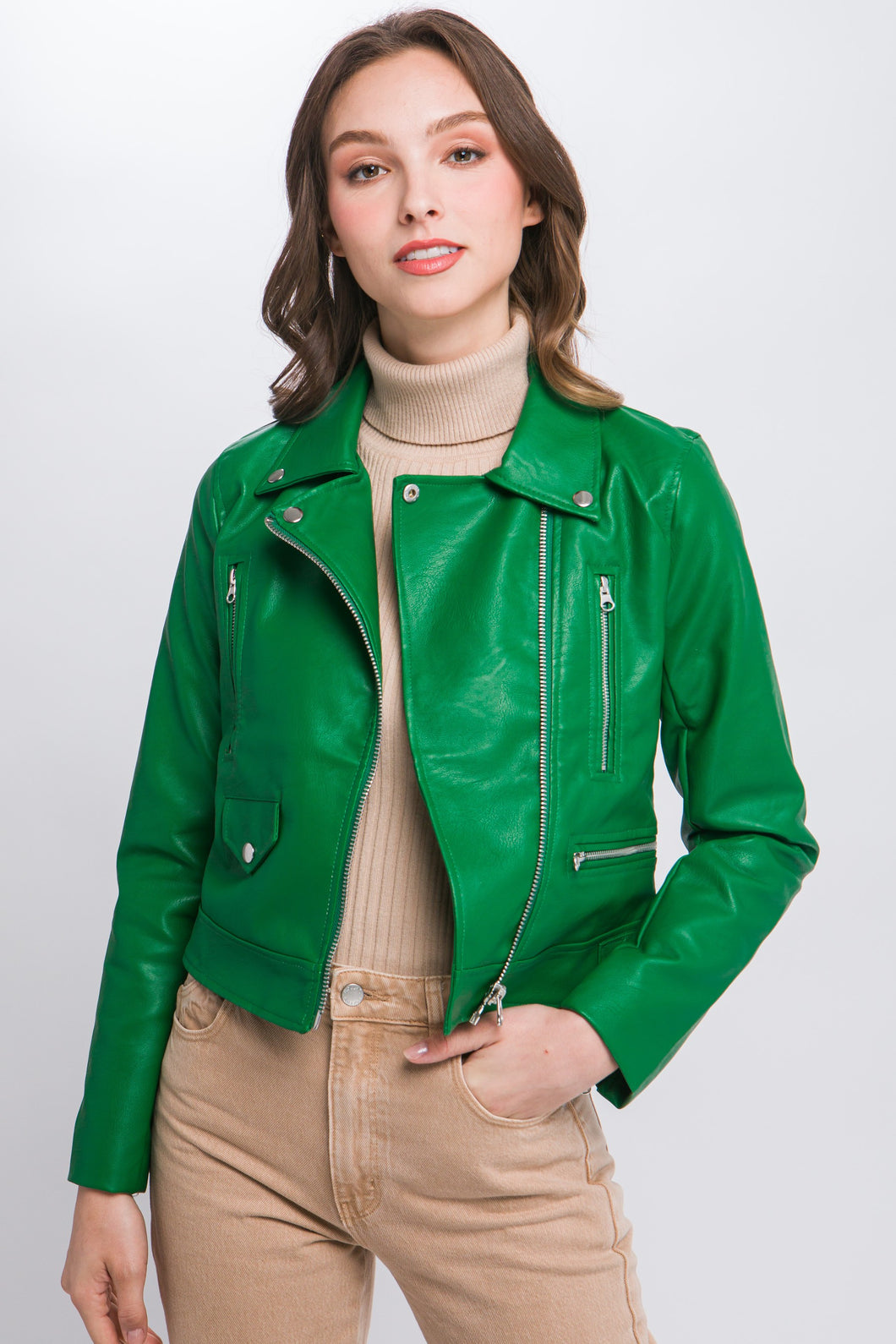 Kelly Green PU Moto Faux Leather Jacket โ Aquarius Brand