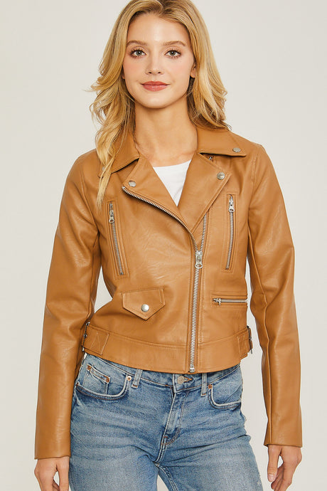 Camel PU Moto Faux Leather Jacket
