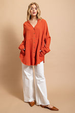 Red Clay Button Down V-Neck Gauze Top with Frayed Hem
