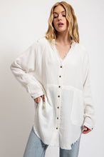 Off White Button Down V-Neck Gauze Top with Frayed Hem